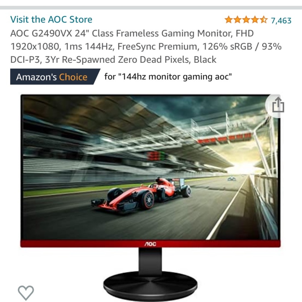 AOC G2490VX 24" Gaming Monitor, FHD
1920x1080, 1ms 144Hz, FreeSync Premium